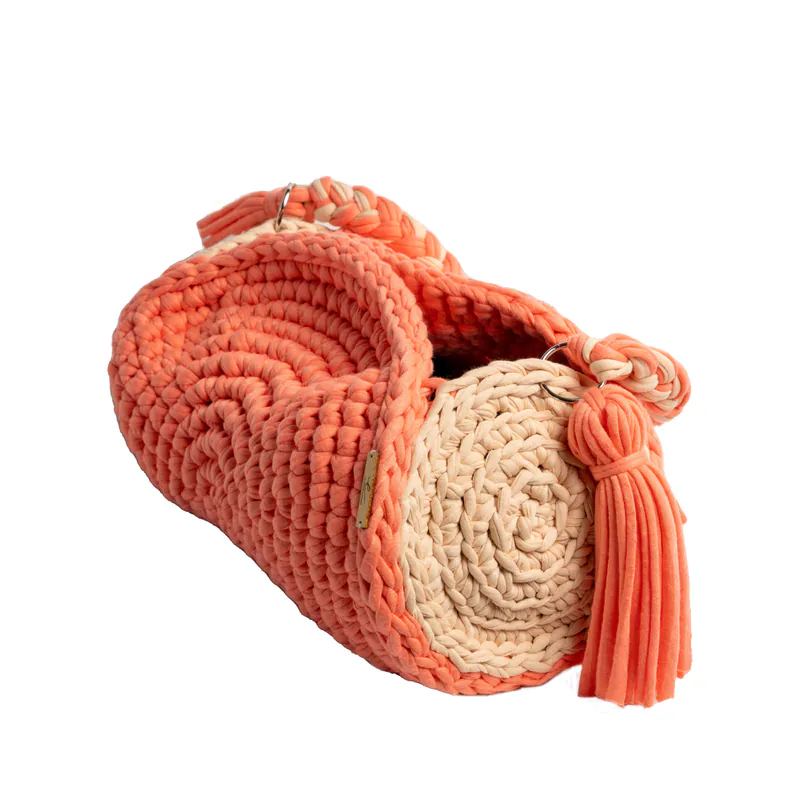 Ecofriendly, Barrel Type Luxury Handmade Crochet women knit hand bag / Coral and Cream, view 2