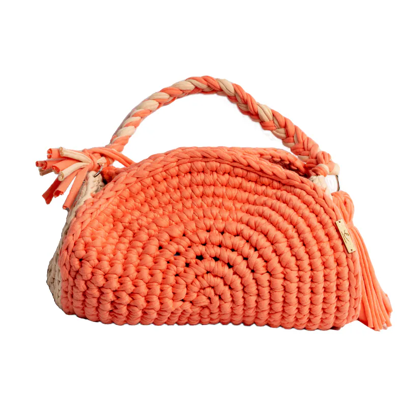 Ecofriendly, Barrel Type Luxury Handmade Crochet women knit hand bag / Coral and Cream