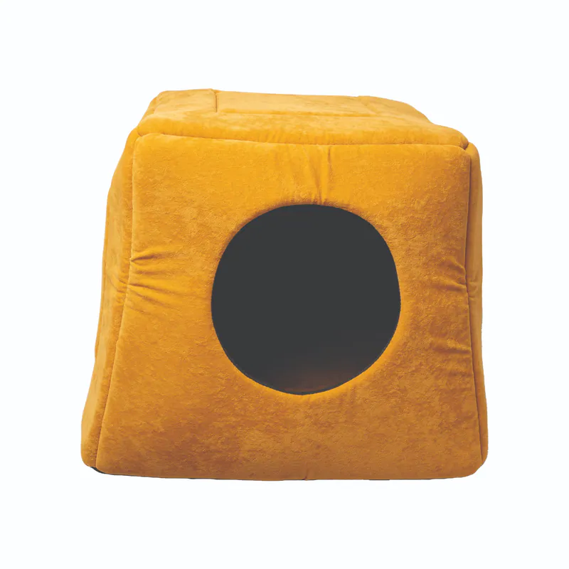 3-in-1 Foldable Pet Kitten Puppy Soft Cave Bed / Mustard