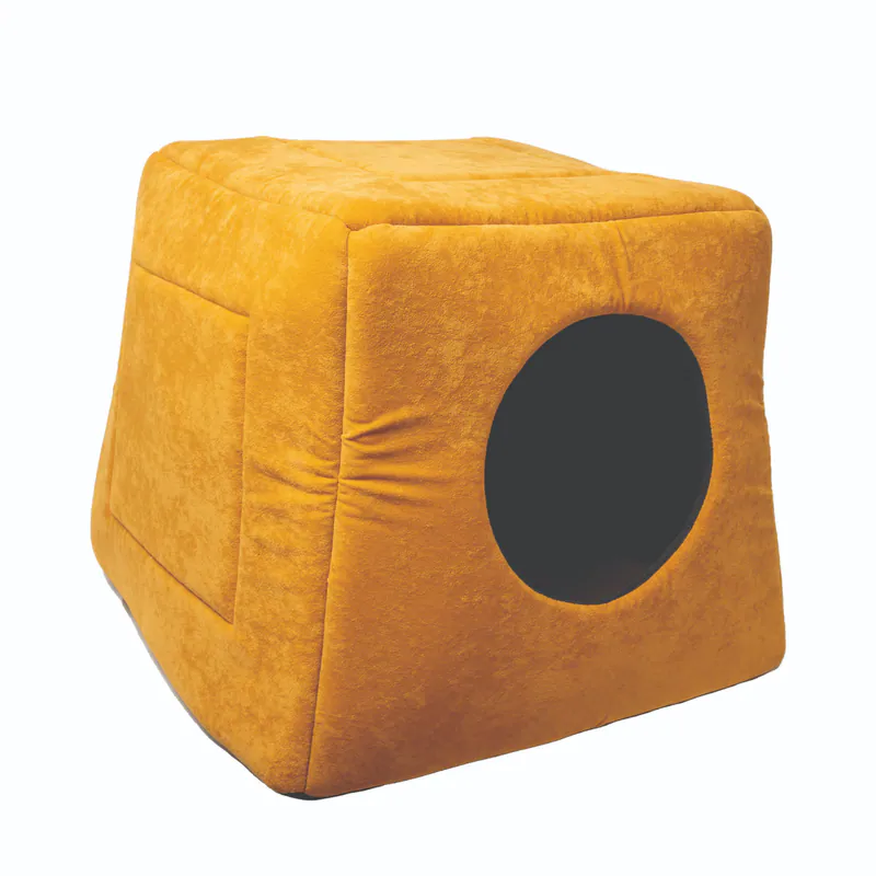 3-in-1 Foldable Pet Kitten Puppy Soft Cave Bed / Mustard, view 2